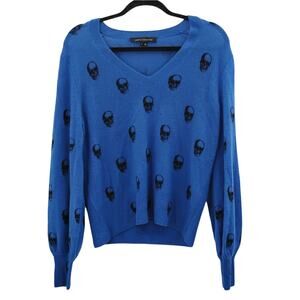 Skull Cashmere Jamie Jack Sweater V-Neck Blue Black Print Size Small